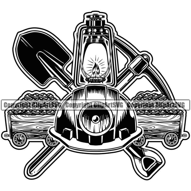 Mining Miner Mine Coal Mineral Industry Equipment Industrial Mining Life Cart Lantern Pick Axe Shovel Design Element Machine Machinery Dig Construction Supplement Art Design Logo Clipart SVG