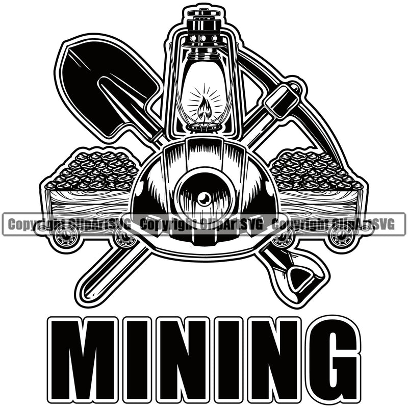 Mining Miner Mine Coal Mineral Industry Mining Cart Lantern Pick Axe Shovel Quote Text Equipment Design Element Industrial Machine Machinery Dig Construction Supplement Art Design Logo Clipart SVG