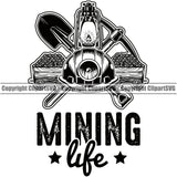 Mining Miner Mine Coal Mineral Industry Equipment Mining Life Cart Lantern Pick Axe Shovel White Background Quote Text Design Element Industrial Machine Machinery Dig Construction Supplement Art Design Logo Clipart SVG