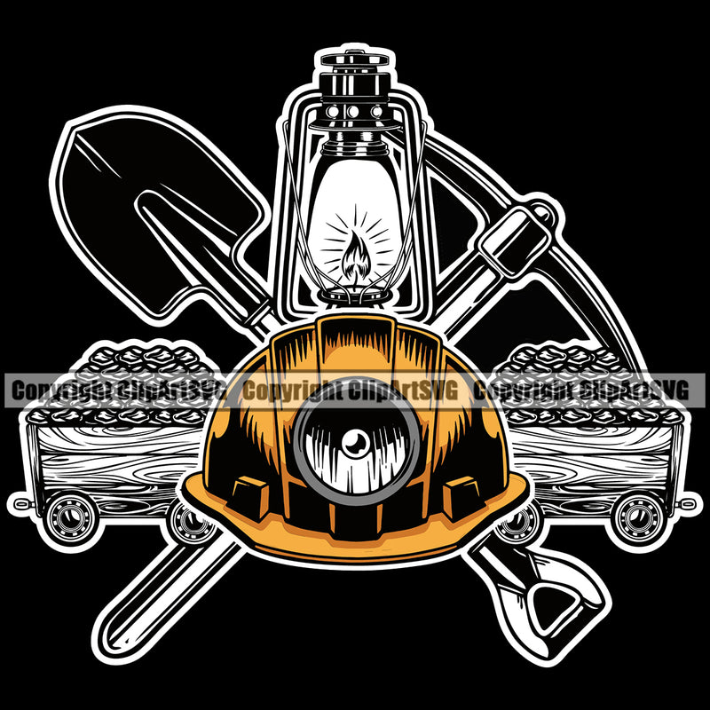 Mining Miner Mine Coal Mineral Industry Mining Life Cart Lantern Pick Axe Shovel Color Quote Text Black Background Design Element Equipment Industrial Machine Machinery Dig Construction Supplement Art Design Logo Clipart SVG