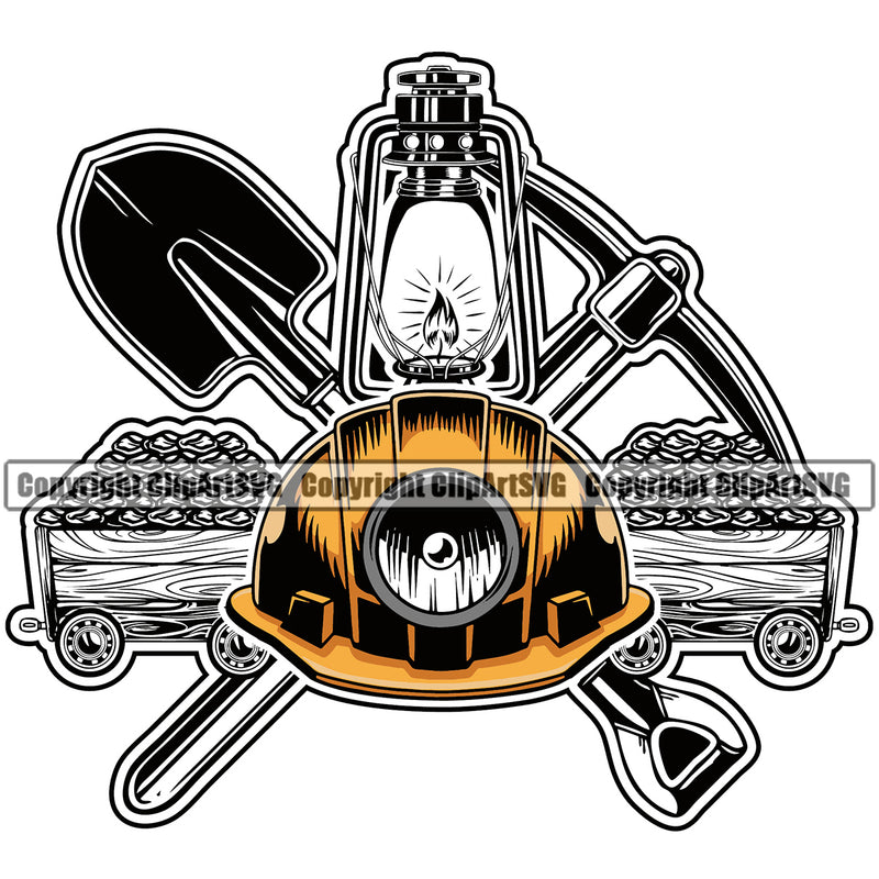 Mining Miner Mine Coal Mineral Industry Mining Cart Lantern Pick Axe Shovel Equipment Design Element Industrial Machine Machinery Dig Construction Supplement Art Design Logo Clipart SVG