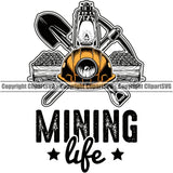 Mining Miner Mine Coal Mineral Industry Equipment Mining Life Cart Lantern Pick Axe Shovel Black Quote Text White Background Design Element Industrial Machine Machinery Dig Construction Supplement Art Design Logo Clipart SVG