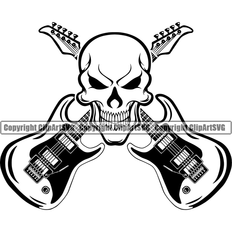 Electric Guitar Crossed Design Skull Skeleton Head Vector Musical Instrument Music Band Orchestra Concert Acoustic Jazz Classical Musician Rock And Roll Sound Logo Clipart SVG