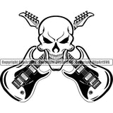 Electric Guitar Crossed Design Skull Skeleton Head Vector Musical Instrument Music Band Orchestra Concert Acoustic Jazz Classical Musician Rock And Roll Sound Logo Clipart SVG