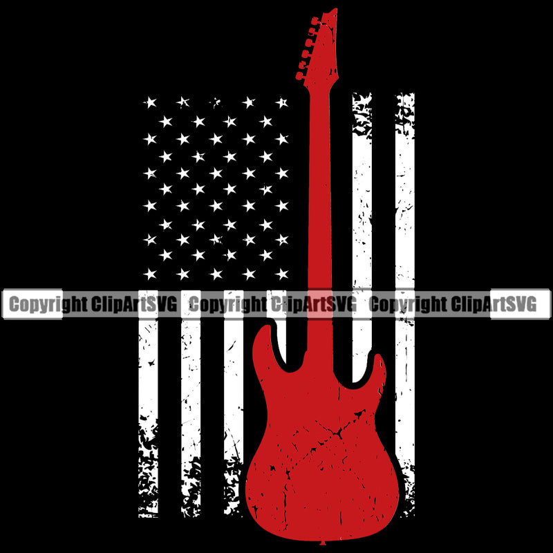 Electric Guitar On USA Flag United State Black Background Design Element Musical Instrument Music Band Orchestra Concert Acoustic Jazz Classical Musician Rock And Roll Sound Logo Clipart SVG