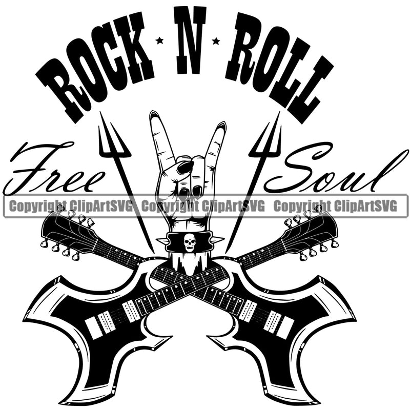 Rock In Roll Free Soul Quote Hand Sign Crossed Guitar Musical Instrument Music Band Orchestra Concert Acoustic Jazz Classical Musician Rock And Roll Sound Logo Clipart SVG