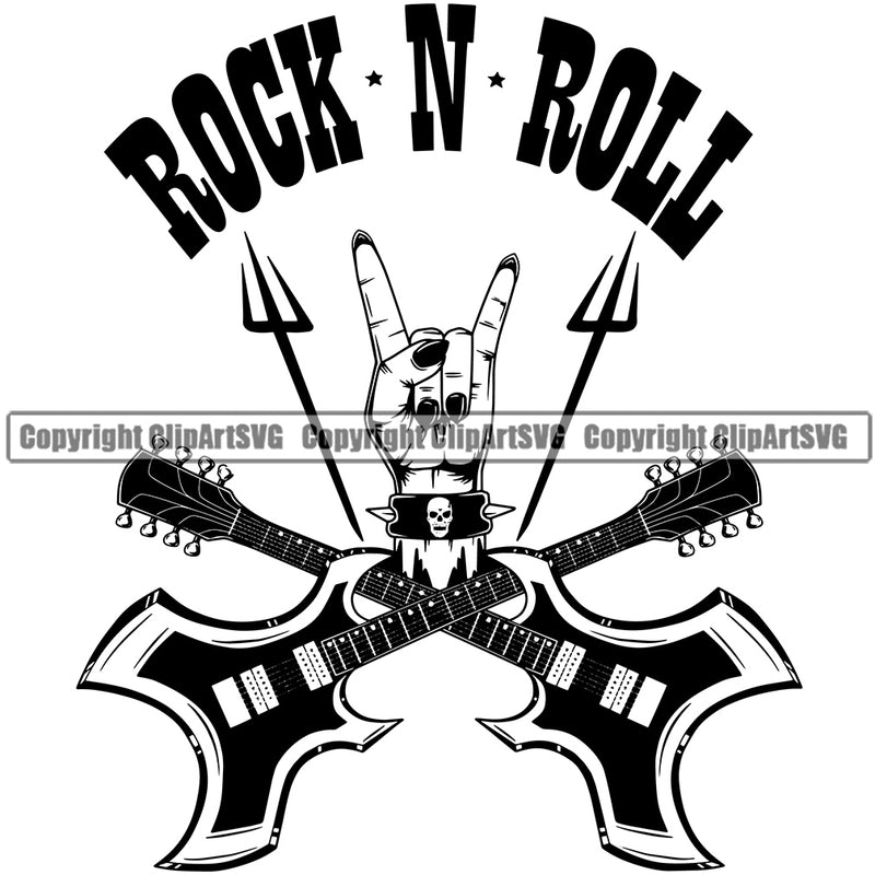 Rock In Roll Quote Crossed Guitar Vector Design Element Musical Instrument Music Band Orchestra Concert Acoustic Jazz Classical Musician Rock And Roll Sound Logo Clipart SVG