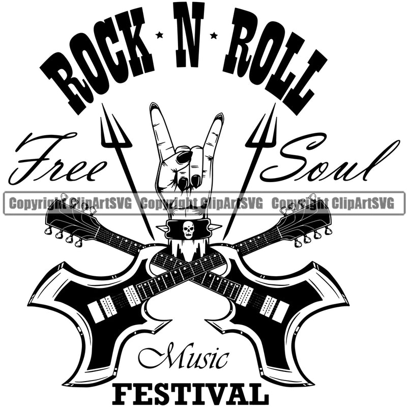 Rock And Roll Free Soul Music Festival Quote Crossed Guitar Design Element Musical Instrument Music Band Orchestra Concert Acoustic Jazz Classical Musician Rock And Roll Sound Logo Clipart SVG