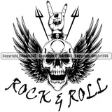 Rock N Roll Quote Hand Sign Skull Skeleton Head With Wings Design Element Musical Instrument Music Band Orchestra Concert Acoustic Jazz Classical Musician Rock And Roll Sound Logo Clipart SVG