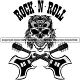 Rock N Roll Skull Skeleton Rockstar Head With Crossed Guitar Musical Instrument Music Band Orchestra Concert Acoustic Jazz Classical Musician Rock And Roll Sound Logo Clipart SVG