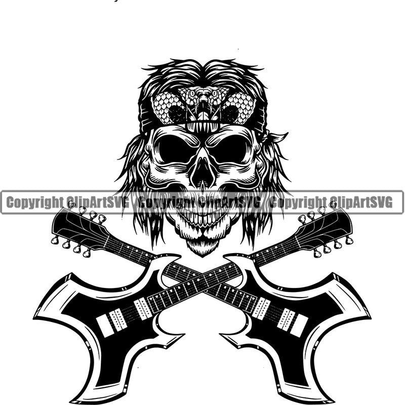 Crossed Guitar Skull Skeleton Rockstar Logo Design Element Musical Instrument Music Band Orchestra Concert Acoustic Jazz Classical Musician Rock And Roll Sound Logo Clipart SVG