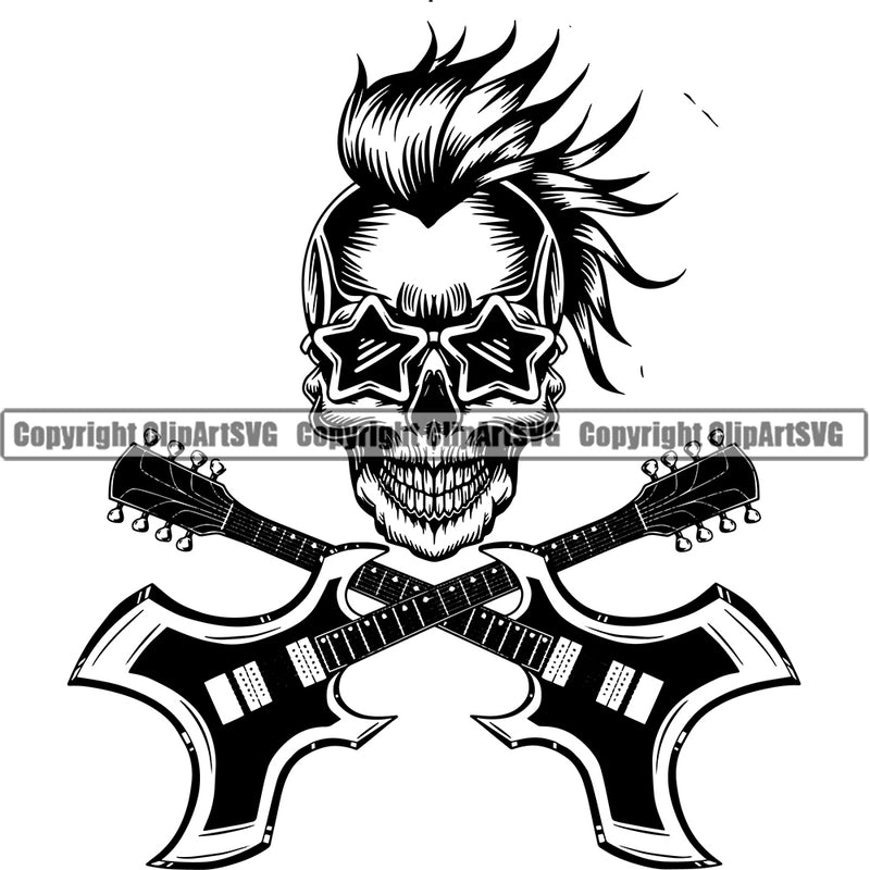 Rockstar Skull Skeleton Head Star Eyes Crossed Guitar Vector Design Element Musical Instrument Music Band Orchestra Concert Acoustic Jazz Classical Musician Rock And Roll Sound Logo Clipart SVG