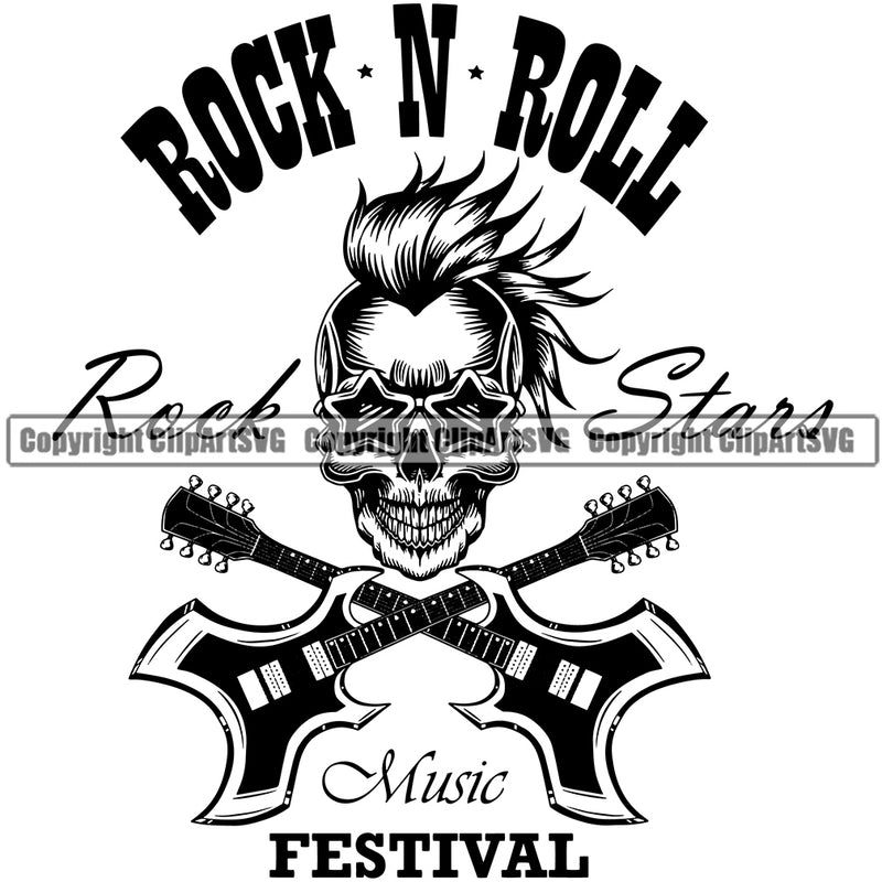 Rock N Roll Rock Stars Music Festival Quote Musical Skull Skeleton Head With Crossed Guitar Instrument Music Band Orchestra Concert Acoustic Jazz Classical Musician Rock And Roll Sound Logo Clipart SVG