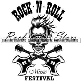 Rock N Roll Rock Stars Music Festival Quote Musical Skull Skeleton Head With Crossed Guitar Instrument Music Band Orchestra Concert Acoustic Jazz Classical Musician Rock And Roll Sound Logo Clipart SVG