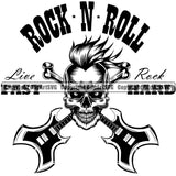 Rock N Roll Live Fast Rock Hard Quote Rockstar Skull Skeleton Head And Crossed Guitar Design Element Musical Instrument Music Band Orchestra Concert Acoustic Jazz Classical Musician Rock And Roll Sound Logo Clipart SVG