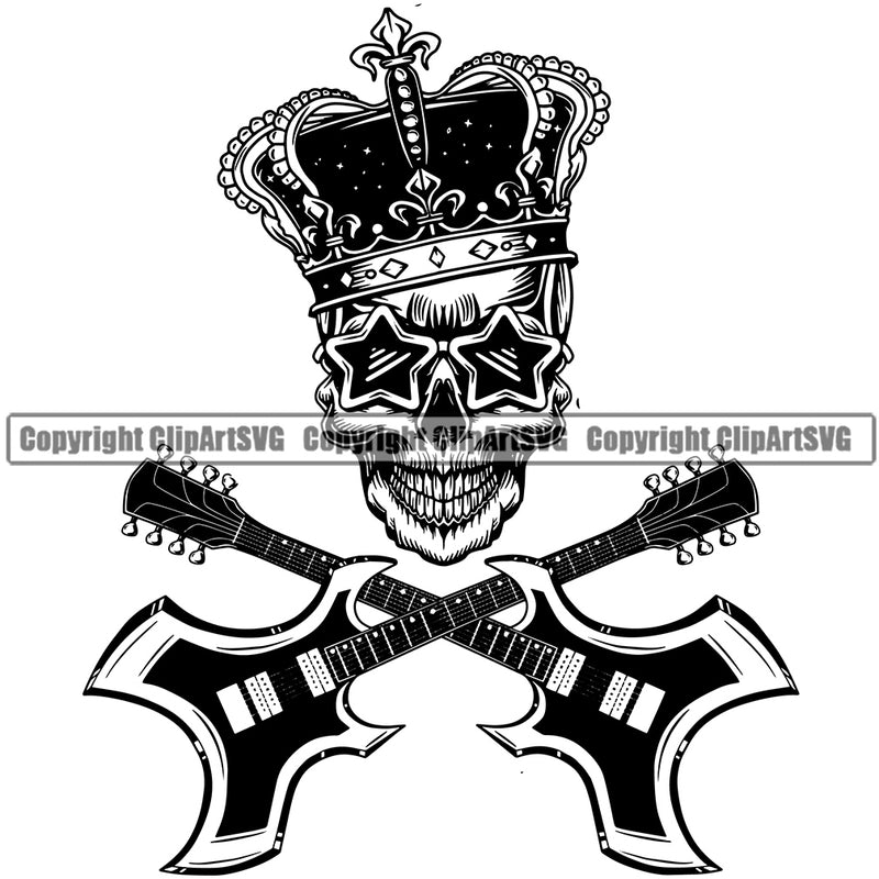 Skull Skeleton Head Wearing Crown On Crossed Guitar Design Element Musical Instrument Music Band Orchestra Concert Acoustic Jazz Classical Musician Rock And Roll Sound Logo Clipart SVG