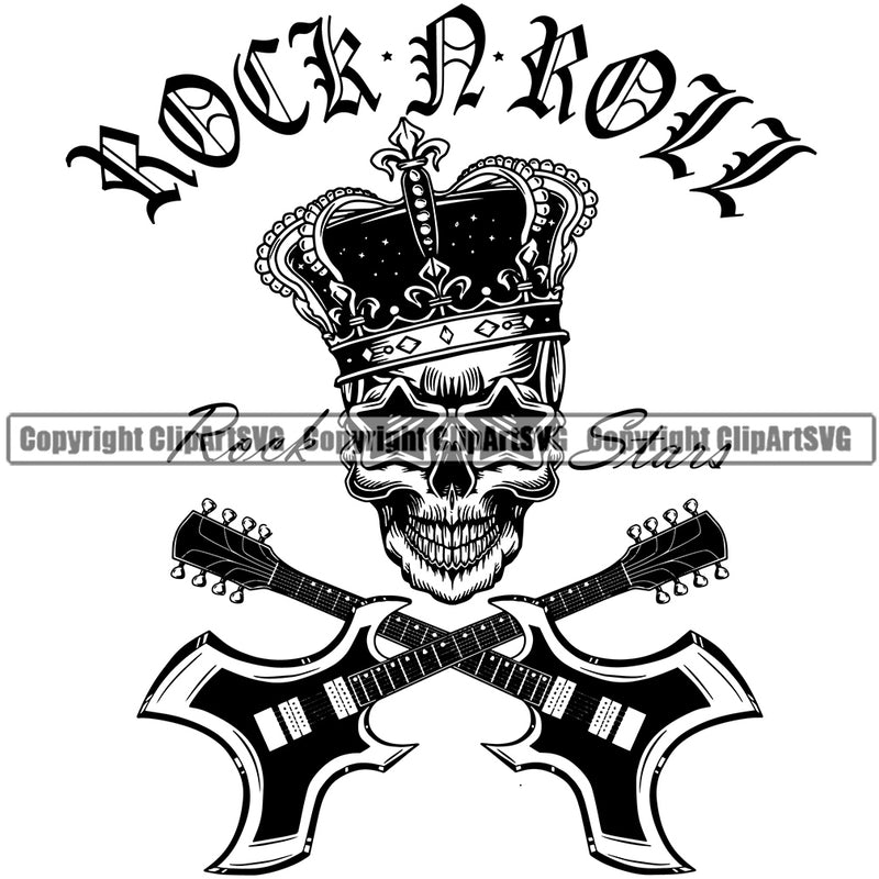 Rock N Roll Skull Skeleton Wearing Crown On Head Crossed Guitar Vector Musical Instrument Music Band Orchestra Concert Acoustic Jazz Classical Musician Rock And Roll Sound Logo Clipart SVG