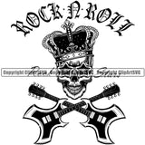 Rock N Roll Skull Skeleton Wearing Crown On Head Crossed Guitar Vector Musical Instrument Music Band Orchestra Concert Acoustic Jazz Classical Musician Rock And Roll Sound Logo Clipart SVG
