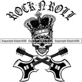 Rock N Roll Quote Crossed Guitar Skull Skeleton Crown On Head Vector Design Element Musical Instrument Music Band Orchestra Concert Acoustic Jazz Classical Musician Rock And Roll Sound Logo Clipart SVG