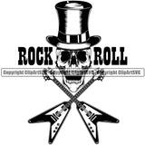 Rock Roll Quote Crossed Guitar Skull Skeleton Clown Head Musical Instrument Music Band Orchestra Concert Acoustic Jazz Classical Musician Rock And Roll Sound Logo Clipart SVG