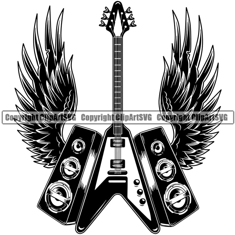 Rock And Roll Electric Guitar On Wings Vector Design Element Musical Instrument Classical Musician Rock And Roll Sound Music Band Orchestra Concert Acoustic Jazz Logo Clipart SVG