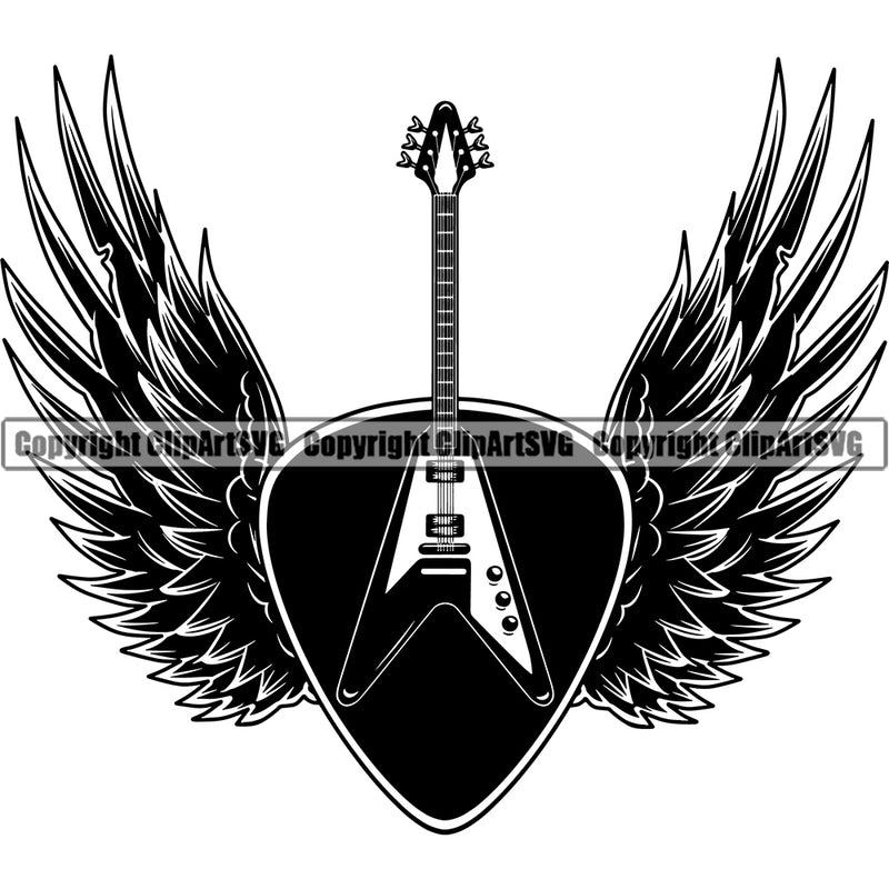 Electric Guitar Heart Design On Wings White Background Musical Instrument Music Band Orchestra Concert Acoustic Jazz Classical Musician Rock And Roll Sound Logo Clipart SVG