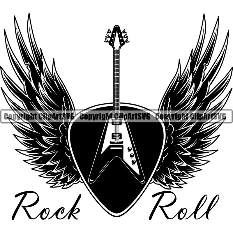 Rock Roll Quote Electric Guitar On Wings Musical Kit Vector Design Element Instrument Music Band Orchestra Concert Acoustic Jazz Classical Musician Rock And Roll Sound Logo Clipart SVG