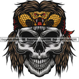 Rockstar Skull Skeleton Long Hair Snake Headband Vector Musical Instrument Music Band Orchestra Concert Acoustic Jazz Classical Musician Rock And Roll Sound Logo Clipart SVG