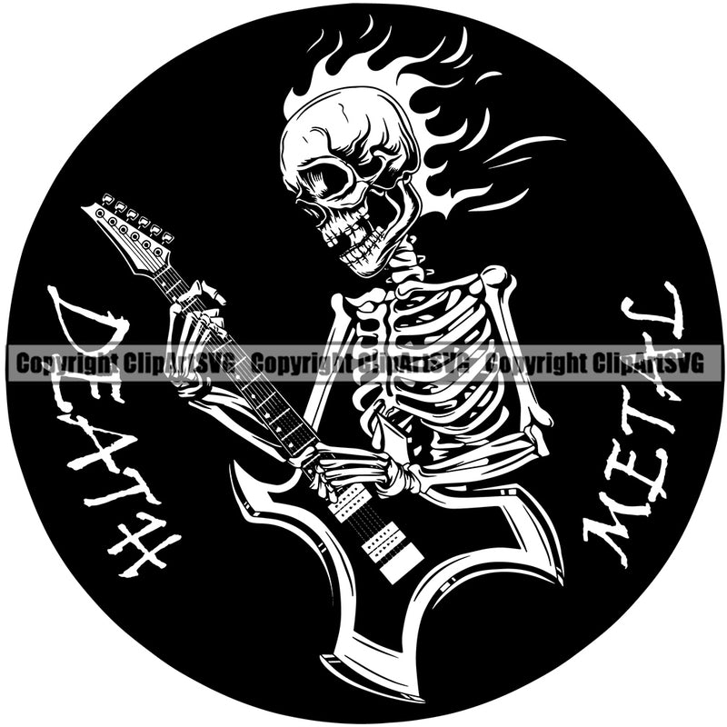 Death Metal Quote Skull Skeleton Holding Electric Guitar Vector Design Element Musical Instrument Music Band Orchestra Concert Acoustic Jazz Classical Musician Rock And Roll Sound Logo Clipart SVG