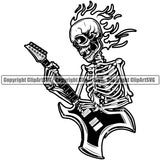 Skull Skeleton Holding Electric Guitar Fire Head Musical Instrument Music Band Orchestra Concert Acoustic Jazz Classical Musician Rock And Roll Sound Logo Clipart SVG