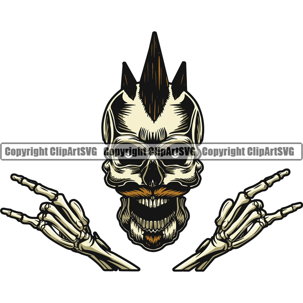 Rock Star Skull Skeleton On Rock And Roll Hand Sing Vector Design Element Musical Instrument Music Band Orchestra Concert Acoustic Jazz Classical Musician Rock And Roll Sound Logo Clipart SVG