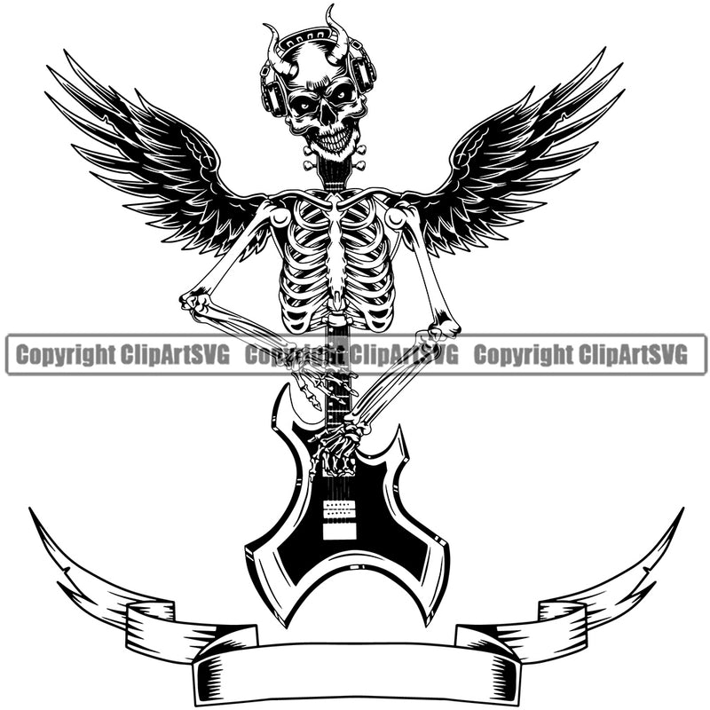 Skull Skeleton Headphones Ribbon With Wings Vector Design Element Musical Instrument Music Band Orchestra Concert Acoustic Jazz Classical Musician Rock And Roll Sound Logo Clipart SVG