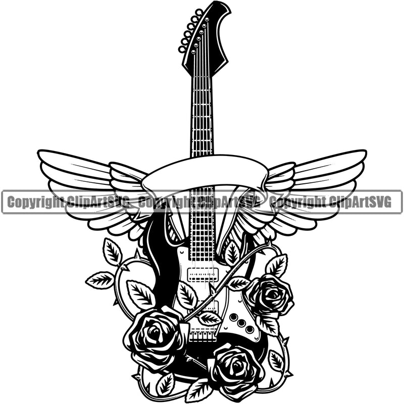 Guitar Wings Roses White Background Design Element Musical Instrument Music Band Orchestra Concert Acoustic Jazz Classical Musician Rock And Roll Sound Logo Clipart SVG