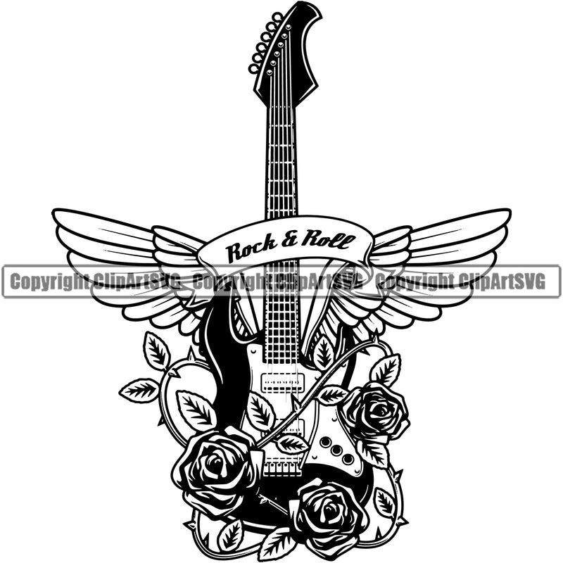 Musical Guitar Wings Roses Vector Design Element White Background Instrument Music Band Orchestra Concert Acoustic Jazz Classical Musician Rock And Roll Sound Logo Clipart SVG