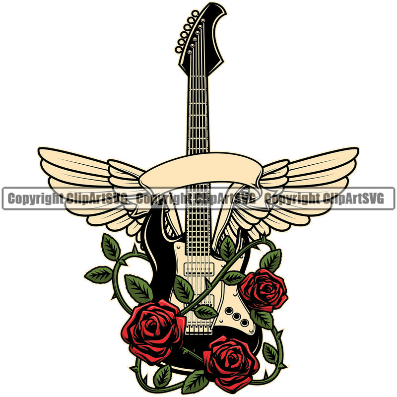 Musical Guitar Wings Roses Color Vector Design Element Instrument Music Band Orchestra Concert Acoustic Jazz Classical Musician Rock And Roll Sound Logo Clipart SVG