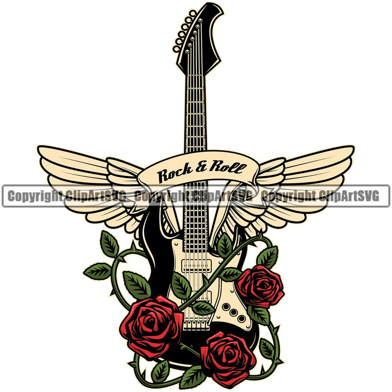 Musical Guitar Wings Roses Color Vector Design Element White Background Acoustic Jazz Classical Musician Rock And Roll Instrument Music Band Orchestra Concert Sound Logo Clipart SVG