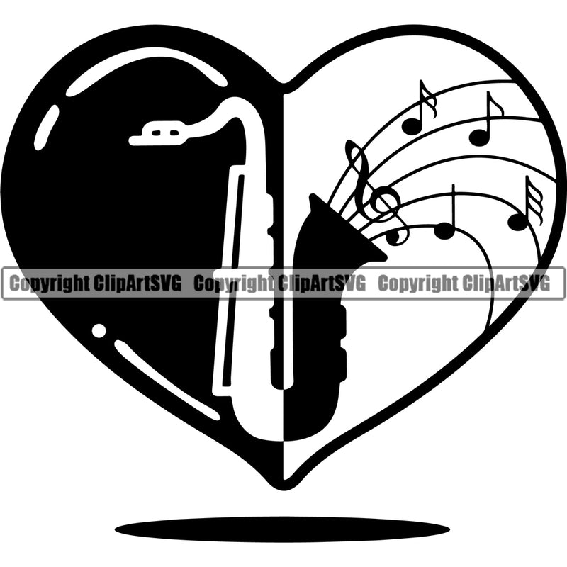 Musical Music Harp Saxophone Heart Design Element Instrument Music Band Orchestra Concert Acoustic Jazz Classical Musician Rock And Roll Sound Logo Clipart SVG