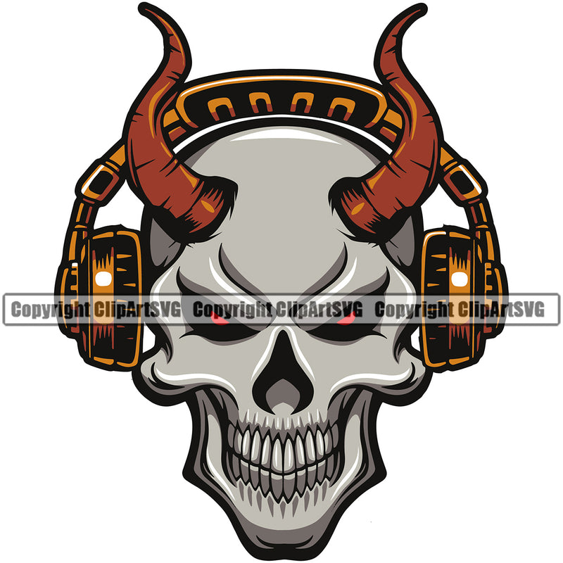 Skull Skeleton Wearing Headphone On Horn Red Eyes Musical Instrument Music Band Orchestra Concert Acoustic Jazz Classical Musician Rock And Roll Sound Logo Clipart SVG