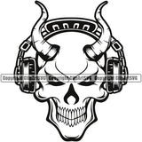 Musical Skull Skeleton Wearing Headphone Head Horns White Background Vector Design Element Instrument Music Band Orchestra Concert Acoustic Jazz Classical Musician Rock And Roll Sound Logo Clipart SVG