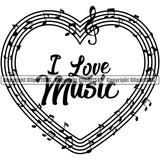 Musical Instrument Music I Love Music Heart Design Element Band Orchestra Concert Acoustic Jazz Classical Musician Rock And Roll Sound Logo Clipart SVG