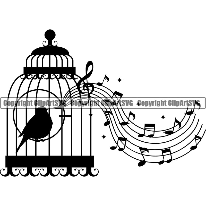 Musical Instrument Music Note Song Bird Cage White Background Symbol Artwork Design Element Band Orchestra Concert Acoustic Jazz Classical Musician Rock And Roll Sound Logo Clipart SVG