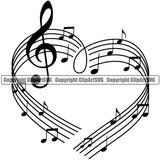 Musical Instrument Music Note Treble Clef Heart Sheet Heart Symbol Vector Design Element Band Orchestra Concert Acoustic Jazz Classical Musician Rock And Roll Sound Logo Clipart SVG