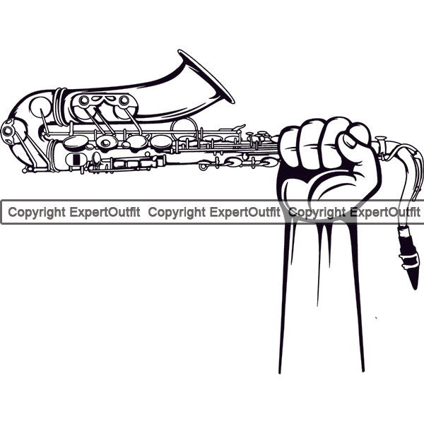 Musical Instrument Hand Holding Music Saxophone Band Design Element Orchestra Concert Acoustic Jazz Classical Musician Rock And Roll Sound Logo Clipart SVG