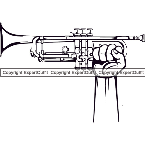 Musical Instrument Music Hand Holding Trumpet Design Element Band Orchestra Concert Acoustic Jazz Classical Musician Rock And Roll Sound Logo Clipart SVG