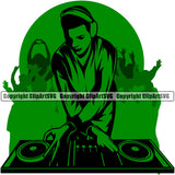 DJ Music Disc Dee Jay Party With Jokey Green Color Silhouette White Background Design Element Disco Sound Audio Night Club Dance Entertainment Nightlife Turntable Disc Jockey Spin Vinyl Record Spinning Equipment Clipart SVG