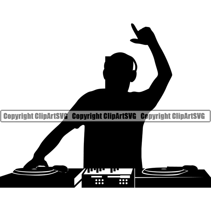 DJ Music Silhouette White Background Design Element Disc Dee Jay Party Disco Sound Audio Night Club Dance Entertainment Nightlife Turntable Disc Jockey Spin Vinyl Record Spinning Equipment Clipart SVG