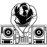 DJ Music Disc Vector Design Element Silhouette White Background Dee Jay Party Disco Sound Audio Night Club Dance Entertainment Nightlife Turntable Disc Jockey Spin Vinyl Record Spinning Equipment Clipart SVG