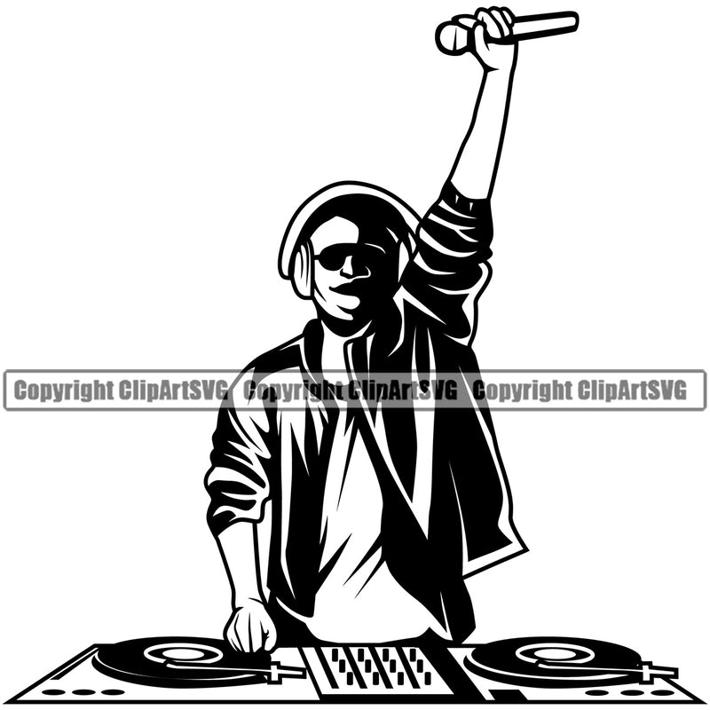 DJ Disc Jockey Music Turntable Record Player Mixer Album Vinyl Club Sound Radio Stereo Rap Silhouette White Background Entertainment Nightlife Turntable Disc Jockey Spin Vinyl Record Spinning Equipment Clipart SVG