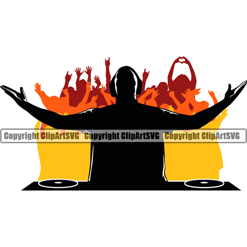 DJ Music Audience White Background Design Element Disc Dee Jay Party Disco Sound Audio Night Club Dance Entertainment Nightlife Turntable Disc Jockey Spin Vinyl Record Spinning Equipment Clipart SVG