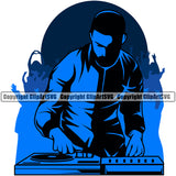 DJ Music Disc Player With Quote Blue Color Design Element Dee Jay Party Disco Sound Audio Night Club Dance Entertainment Nightlife Turntable Disc Jockey Spin Vinyl Record Spinning Equipment Clipart SVG